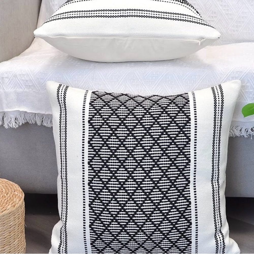 Cotton Woven Designer Throw Pillow Covers Only. Black/Off White 18" x 18”